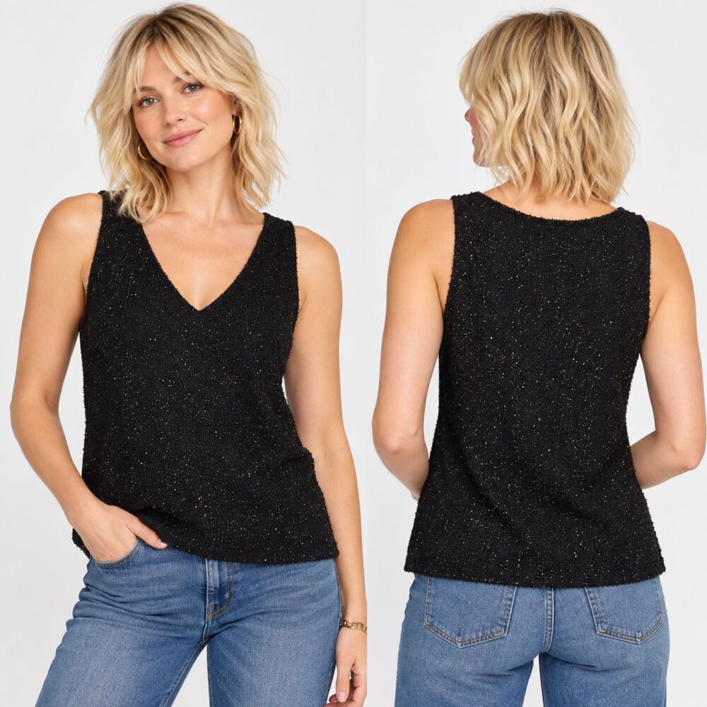 Nine West Women's L Black Shimmer Sleeveless V Neck Lined Tank Top Dressy #23